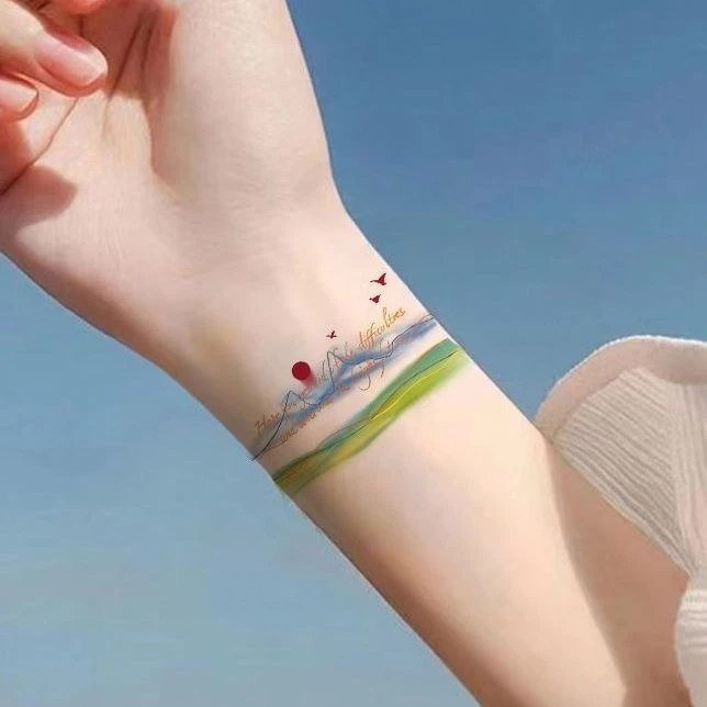 落日山海手腕ins个性可爱彩色少女纹身贴持久国风向春山手臂贴纸