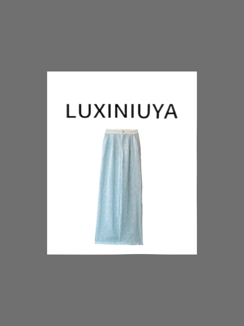 【LUXINIUYA】 夏季新款刺绣定制水蓝直筒裤#CX3430