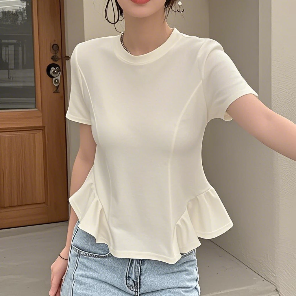 欧货胖妹妹夏季新款气质荷叶边圆领短袖T恤女上衣打底衫时尚百搭