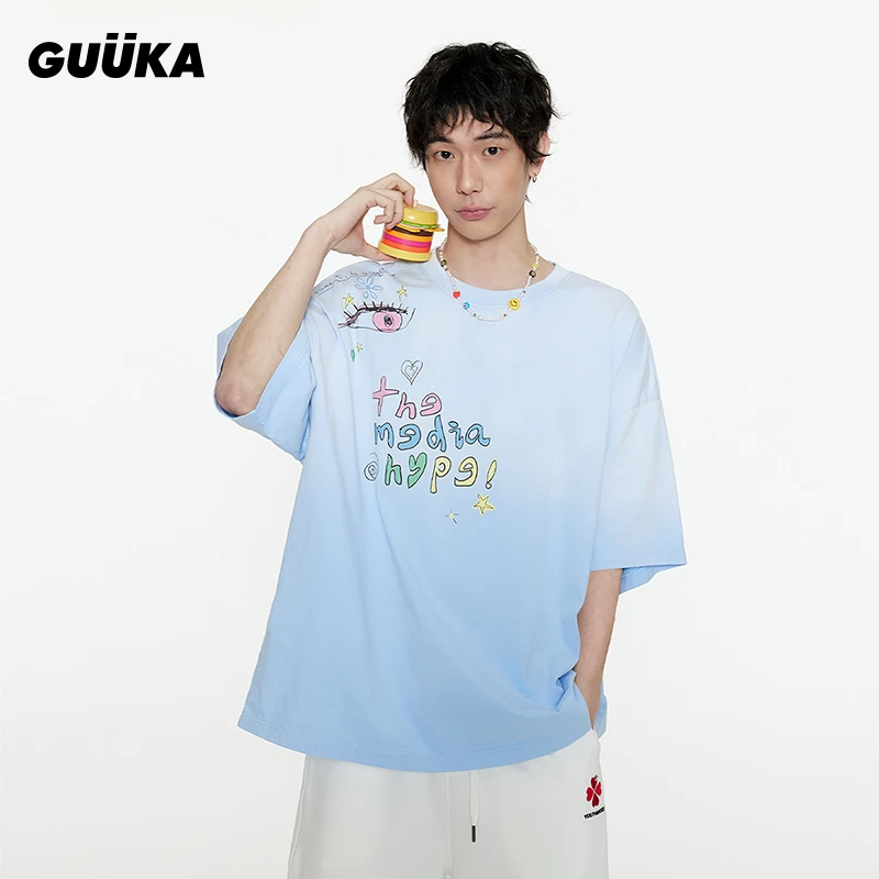 Guuka/古由卡潮牌浅蓝色渐变水洗短袖T恤男重磅纯棉字母印花F6600