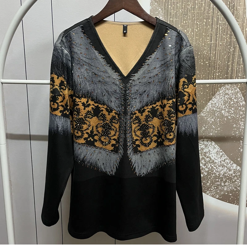 5612大码女装200斤上衣T恤冬季新款是双v领双面绒时尚百搭打底衫