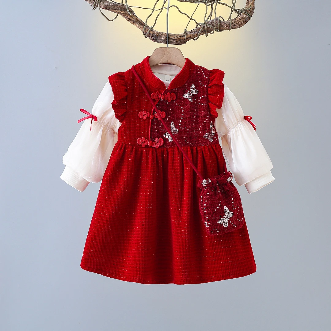 女童冬季洋气新中式长袖连衣裙红色拜年服儿童公主裙秋冬小童