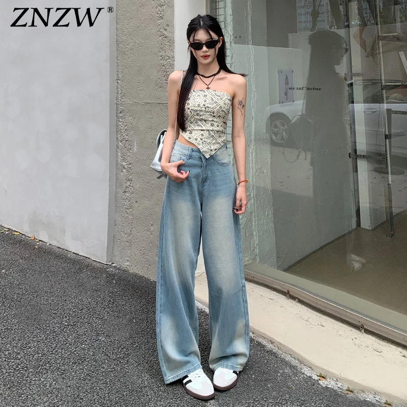 ZNZW浅色阔腿牛仔裤女秋季复古水洗垂坠高级感拖地直筒裤