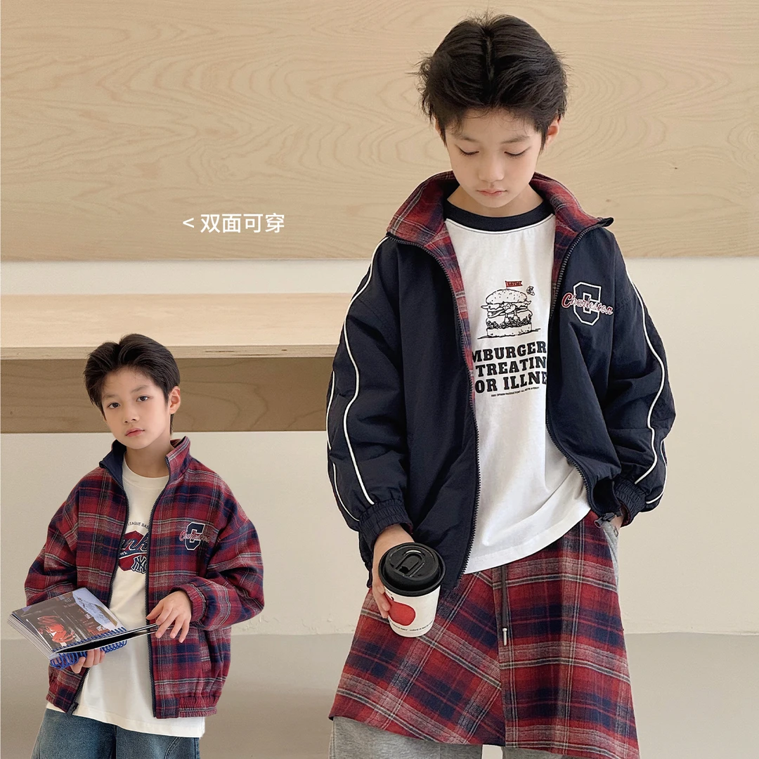 男童外套2025秋装新款中大童个性双面穿儿童潮酷格子上衣TY03050