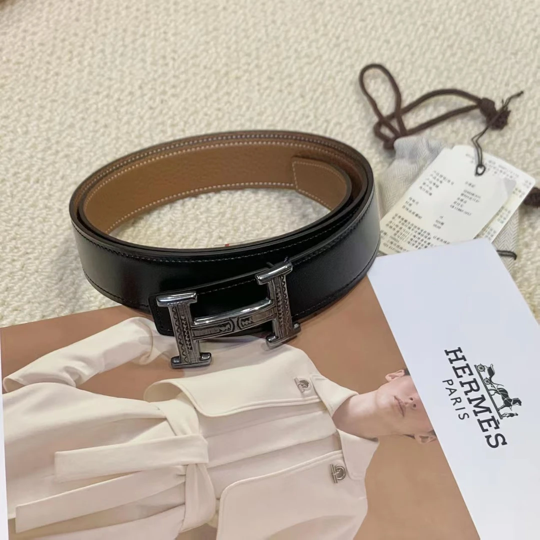 未使用 Hermes/爱马仕 壹臻/925银黑拼棕双面皮带 A刻/36857480