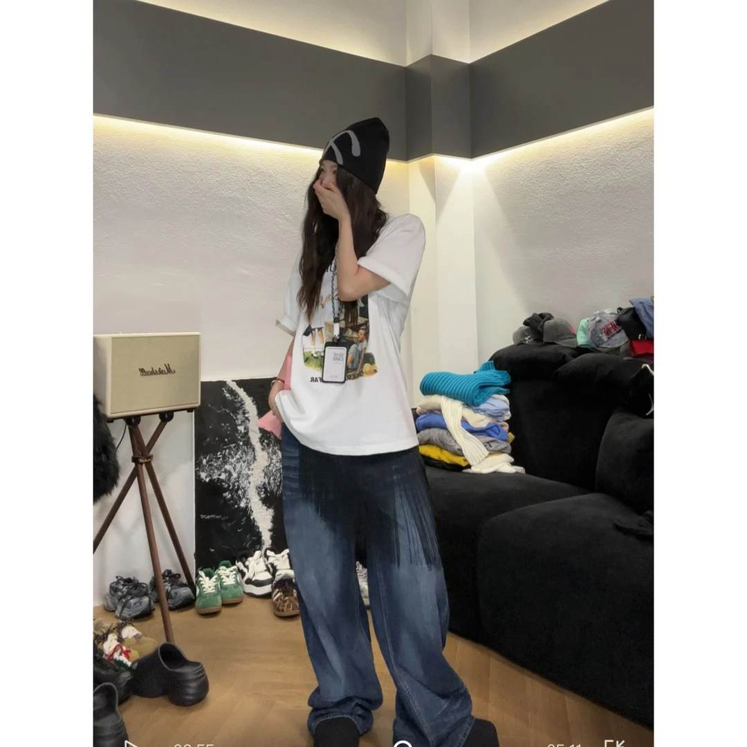 水洗猫须纹做旧牛仔裤女设计感宽松显瘦高腰直筒阔腿时尚百搭裤子
