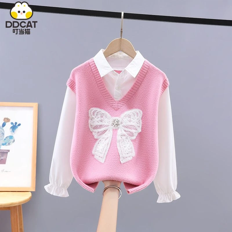 叮当猫女童毛衣假两件秋冬新款洋气中大童女孩韩版长袖针织打底衫