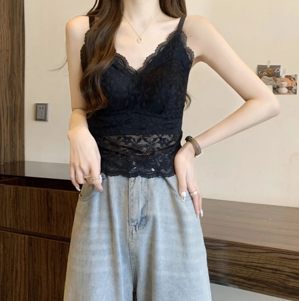 2025法式蕾丝吊带背心女外穿夏季带胸垫美背文胸一体内搭上衣