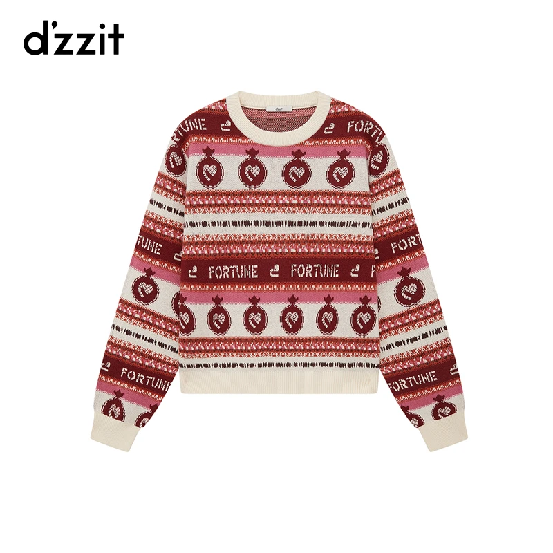 dzzit地素针织衫春秋费尔岛纹样复古圆领长袖上衣女3J1E411