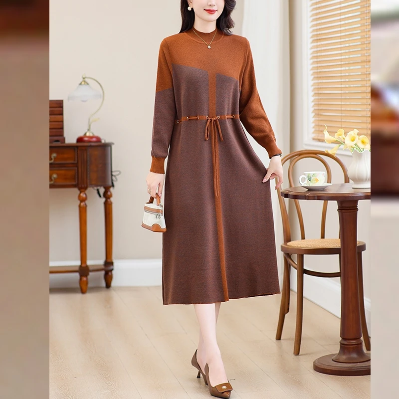 俞兆林恒源祥气质妈妈秋冬收腰系带连衣裙中长款感打底羊毛衫毛衣