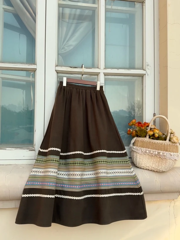 编号B640 花衣部落秋冬长款毛呢刺绣拼接复古绿色半身裙