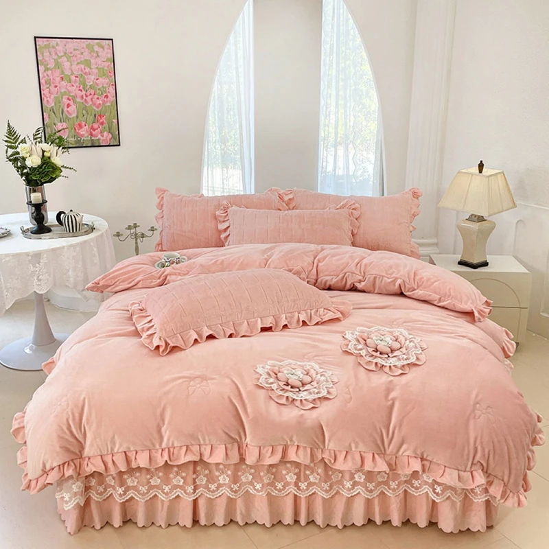 【花倾城】多功能床盖款四件套双面加绒加厚韩版夹棉绣花水晶绒奶绒