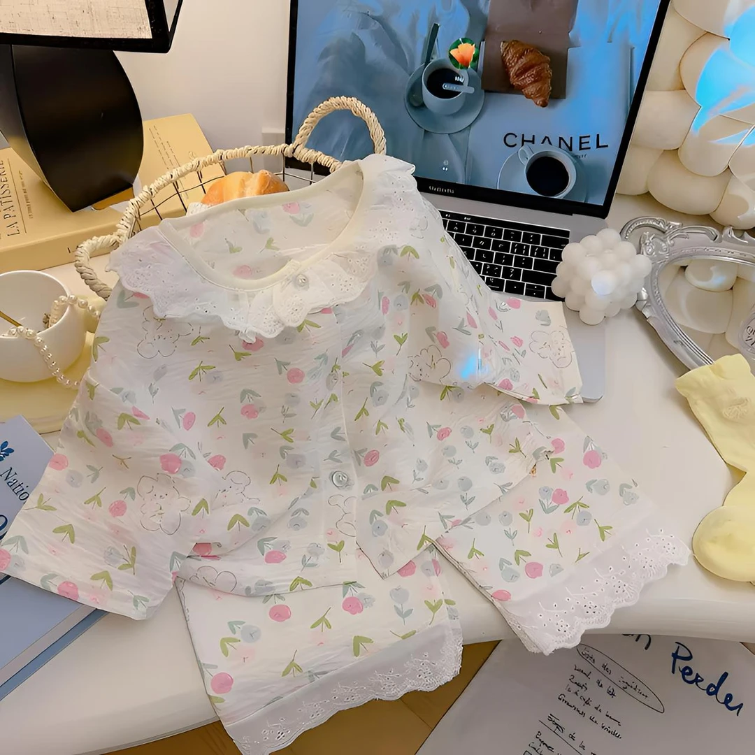 【花海乐园~】25新款亲子装女童花边家居服套装中大童洋气外出穿搭8