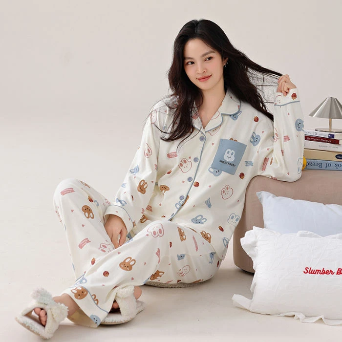 春秋冬女士开衫四季款简约大气卡通条纹纯棉睡衣套装可外穿家居服