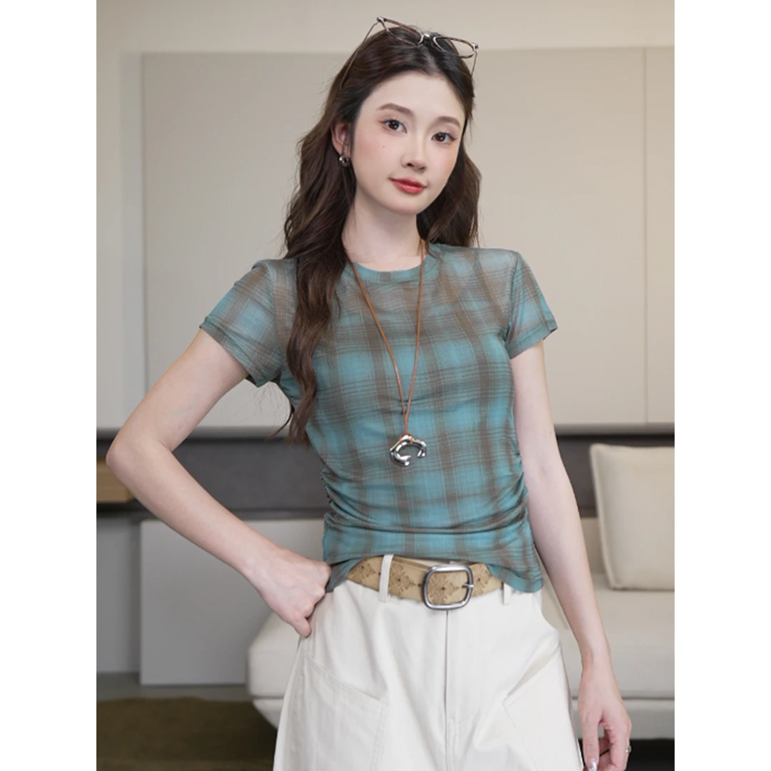 【尔给】夏季薄款网纱短袖T恤女气质港风扎染格子修身显瘦透气上衣