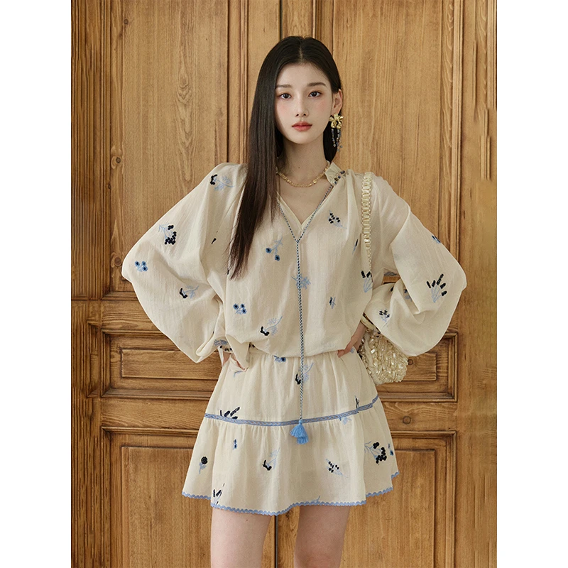 且可ChillCozy 卡普里岛 海滨度假风全棉3D绣花小衫套装