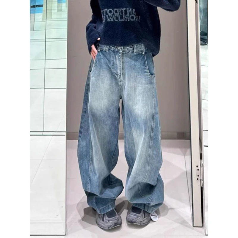 美式复古水洗弯刀牛仔裤女春季低腰宽松休闲蓝色镰刀阔腿拖地裤子