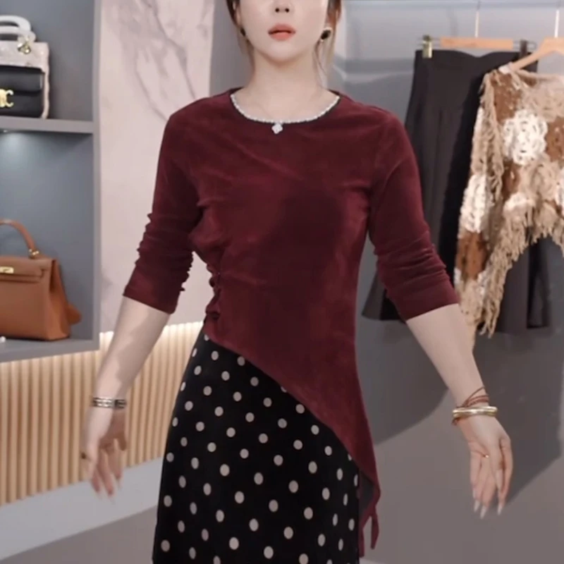 2025秋冬季新款气质金丝绒长袖打底衫宽松显瘦百搭抽褶不规则上衣