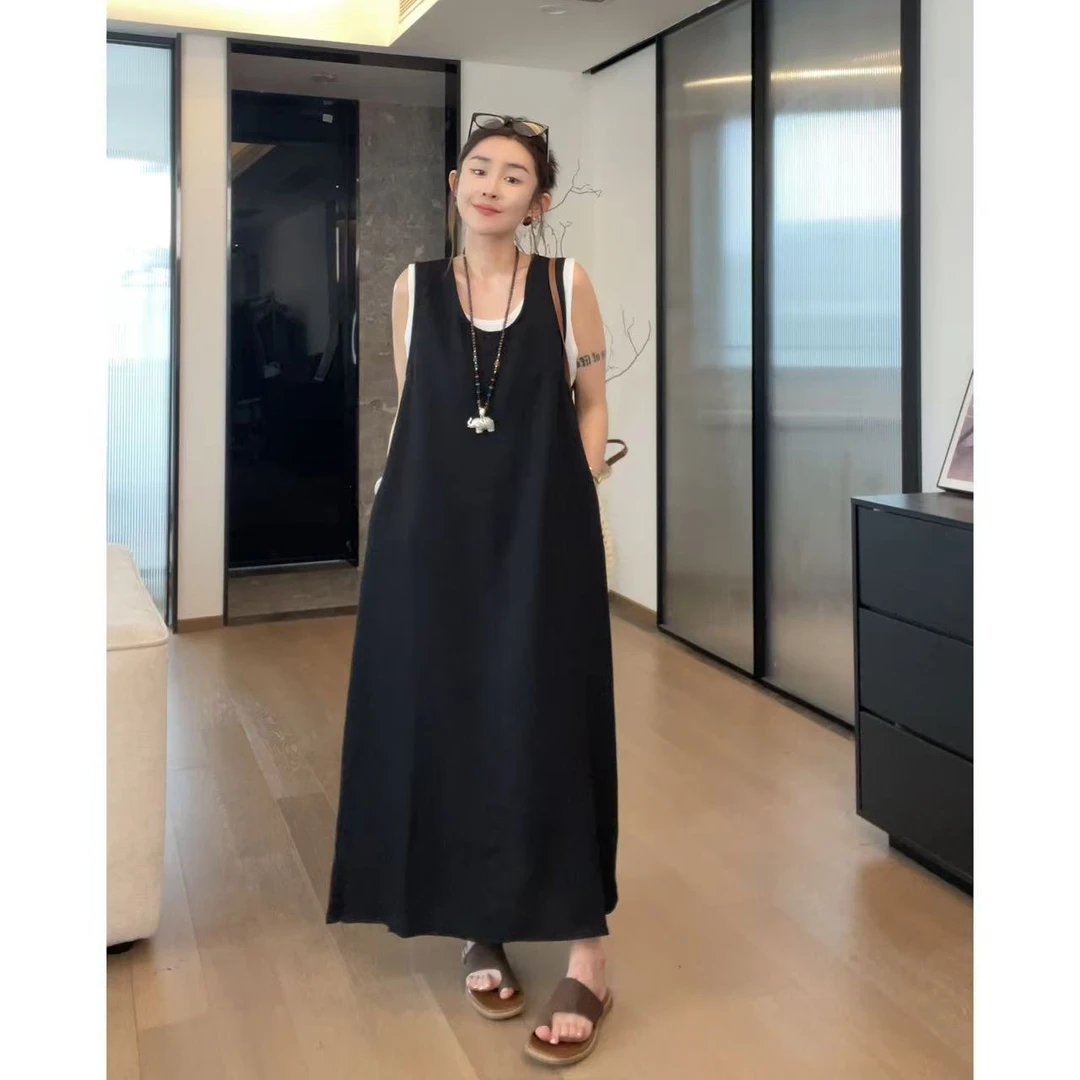 玖了个玖 2025夏 极简百搭黑白撞色两件叠穿无袖连衣裙 2505C3011