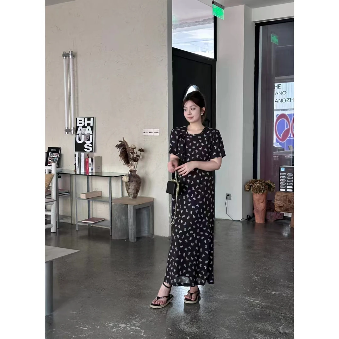 晶咕 蝴蝶赋夏季新中式蝴蝶印花U领l短袖黑色露腰长款连衣裙