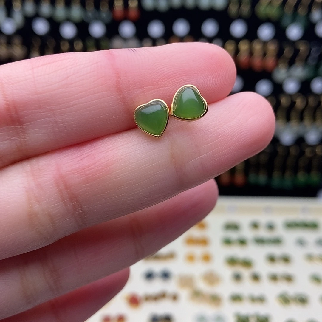 和田玉银S925镀金镶嵌耳饰