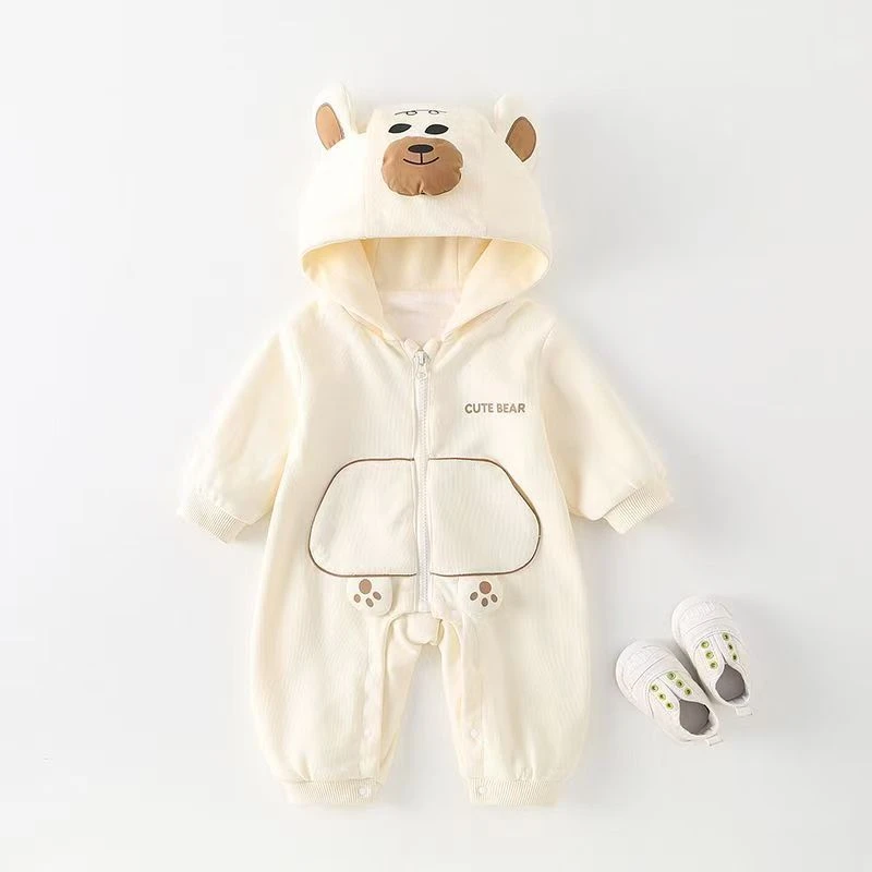 婴儿连体衣春秋款长袖宝宝满月百天外出服新生儿超萌双层连帽衣服