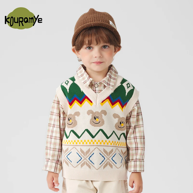 酷娃米2025秋季新款儿童毛衣中小男女童复古菱形V领针织背心1486