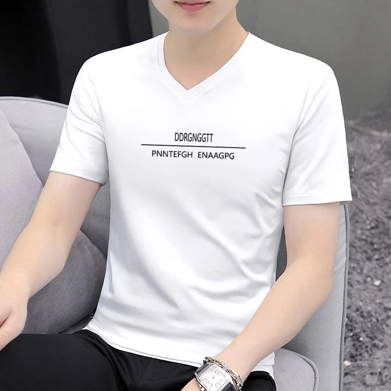 2025新款夏季男装短袖T恤V领上衣潮流休闲修身印花上衣服体恤衫