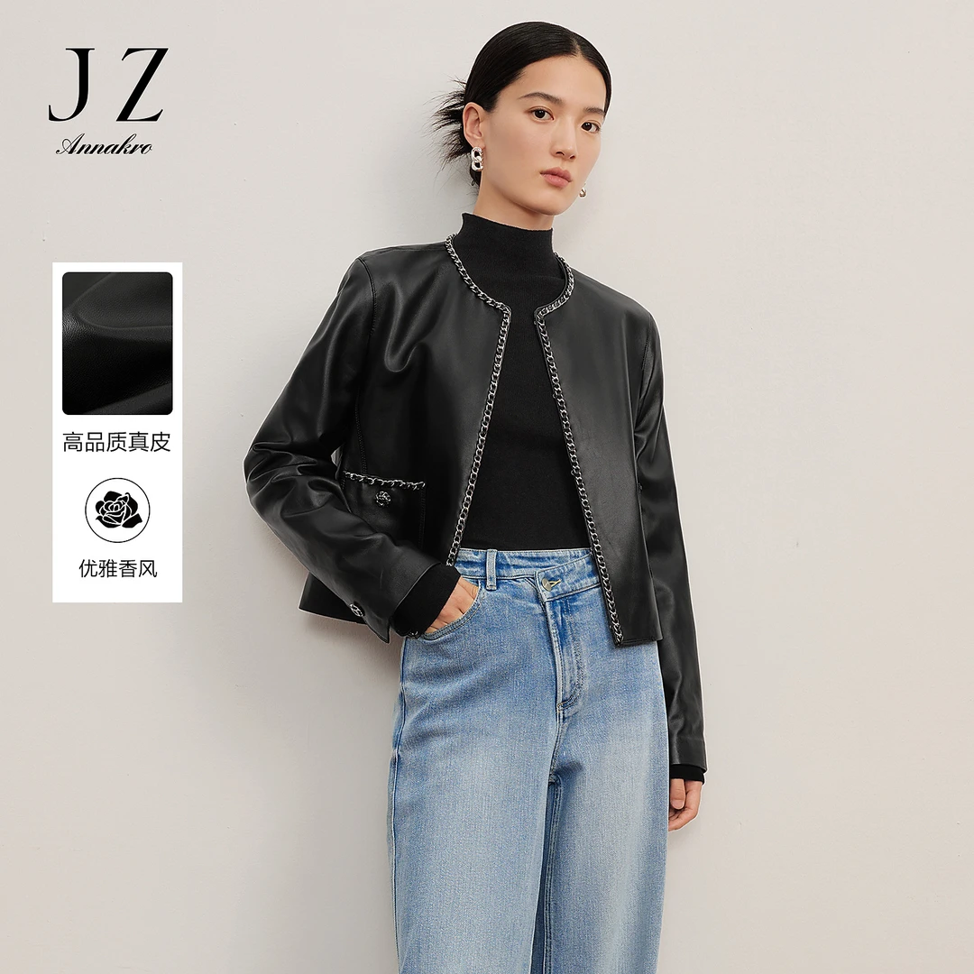 【丽公主专属】玖姿安娜蔻JTDD01102通勤直筒版休闲皮衣外套