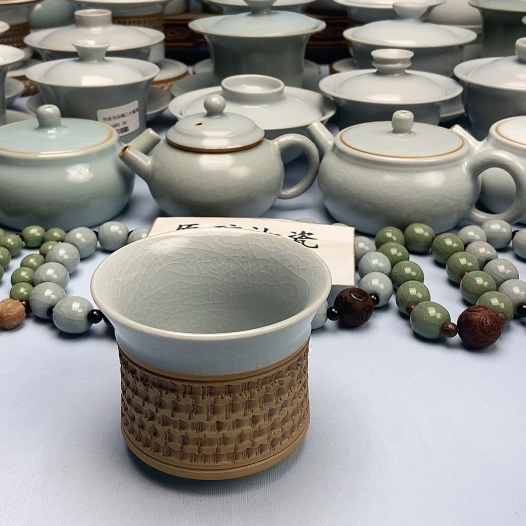 杯仿古月白釉重工跳刀马蹄杯原矿原釉原产地