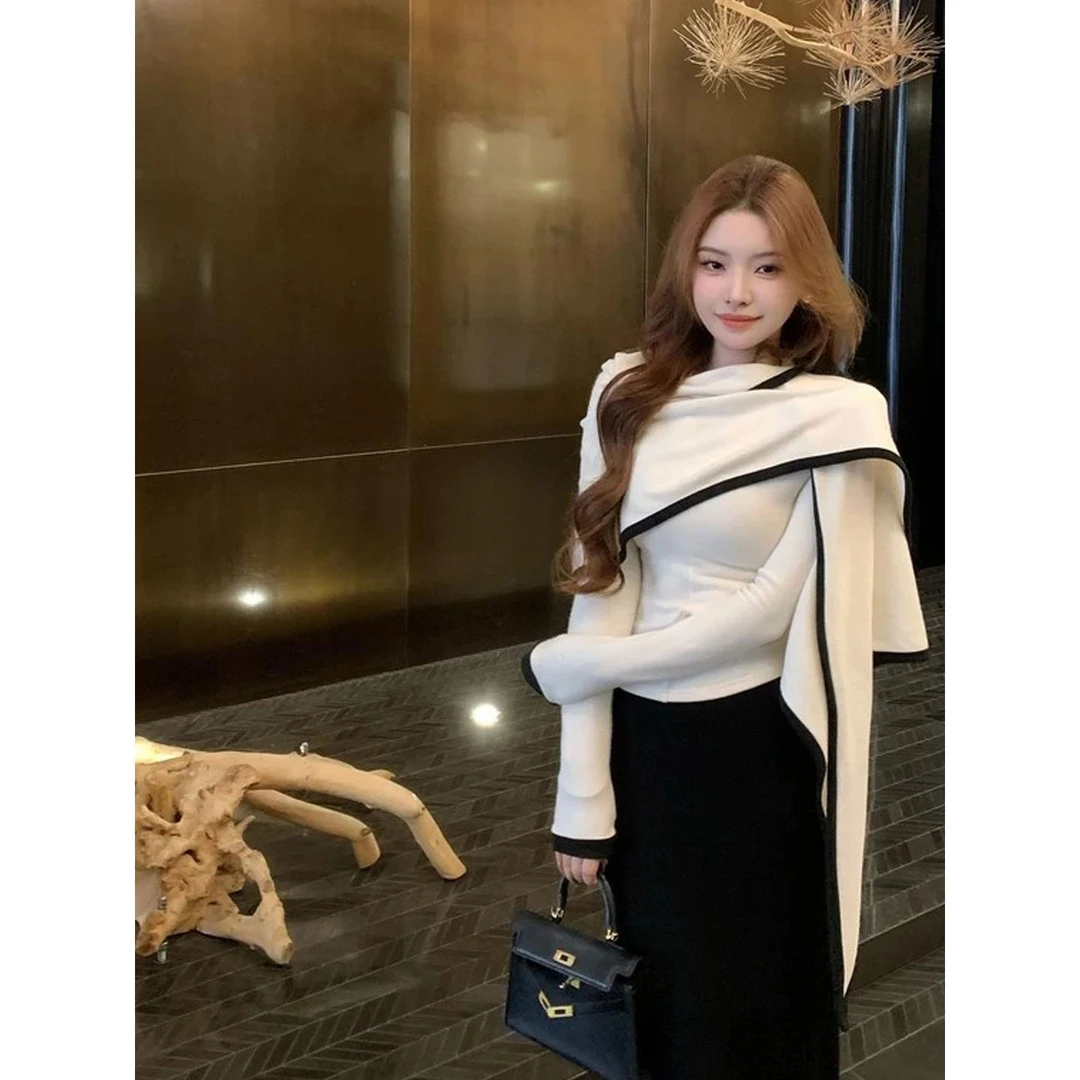 SZA【银座女孩】2025秋季新款韩系穿搭设计感针织衫+披肩气质两件套