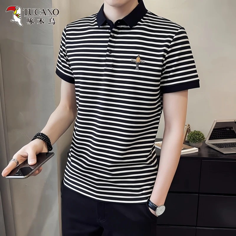 啄木鸟男款休闲条纹polo衫短袖夏季潮牌修身翻领冰丝凉感半袖T恤