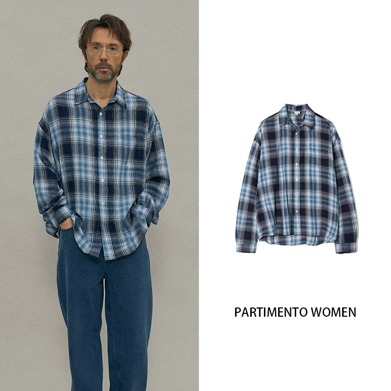 小众百搭蓝色格子衬衫PARTIMENTO 2024春男女同款格纹宽松衬衫
