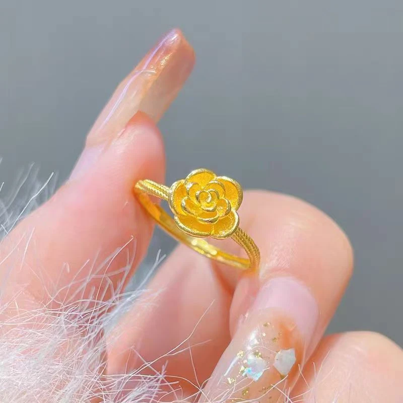 铜合金戒指 玫瑰花戒指 高级感轻奢仿真金3D花朵活口指环素圈戒指