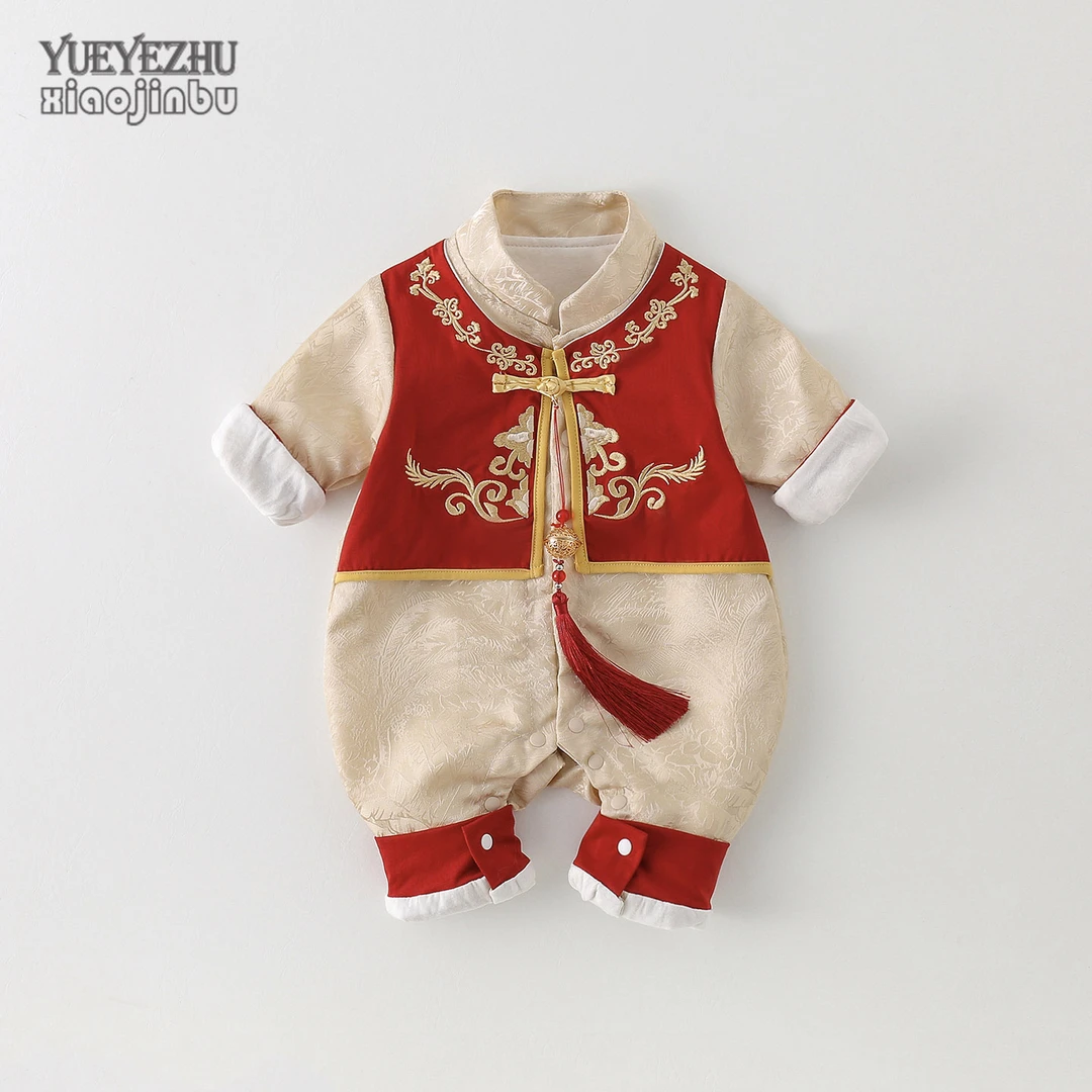 百天婴儿衣服秋装宝宝中国风连体衣秋季喜庆满月周岁礼服假两件潮