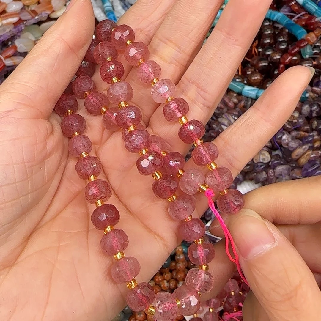 玛瑙/玉髓合金珠宝半成品草莓晶8mm车轮一条