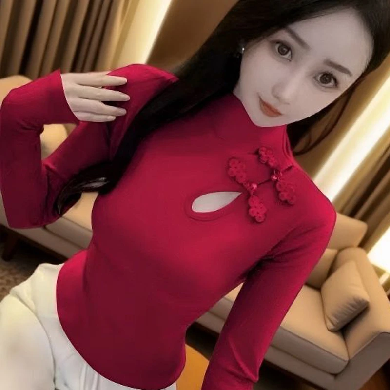 美拉德绒新中式上衣女洋气国风盘扣小衫修身显瘦网红百搭打底衫女