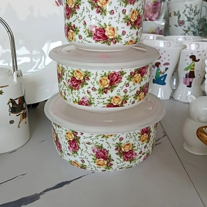 小玫瑰花骨质瓷三件套保鲜碗