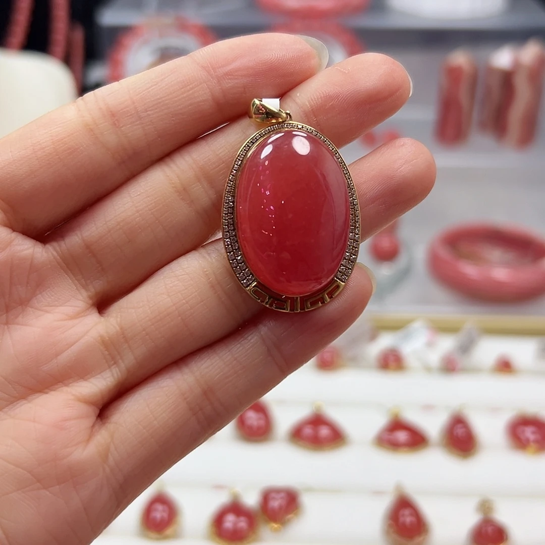 菱锰矿（红纹石）18K金镶嵌吊坠(不含链)