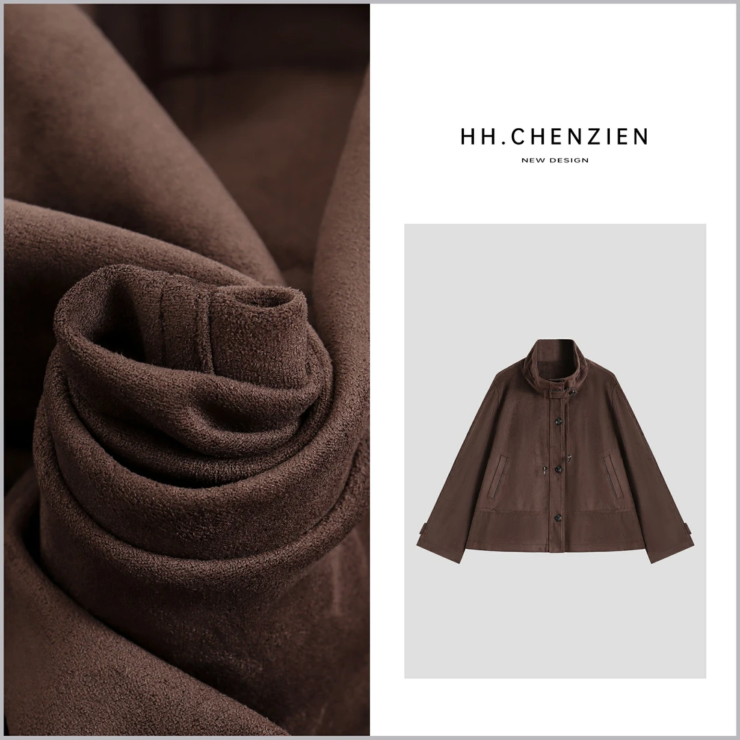 【黑黑家】早秋款冬款新款立领链条边皮反绒风衣外套