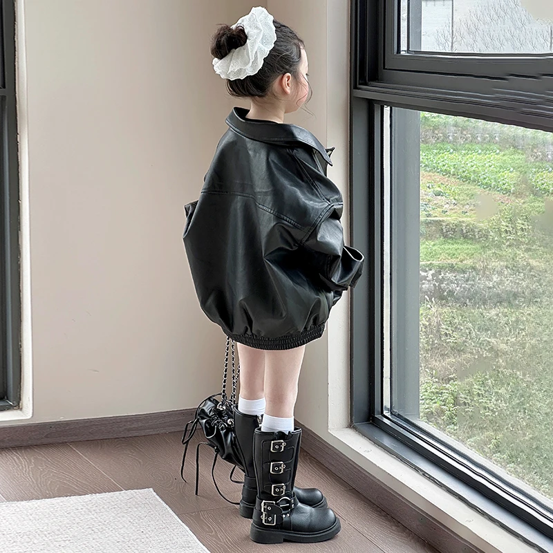 女童皮衣外套秋装2025新款儿童黑色拉链外套小女孩秋季潮酷机车服