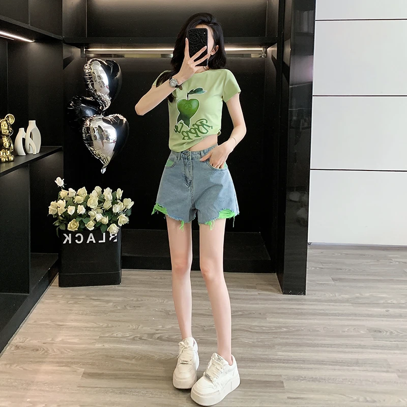 多巴胺风格衣服短袖套装短裤牛仔高腰时尚夏季阔腿小个子薄款热裤