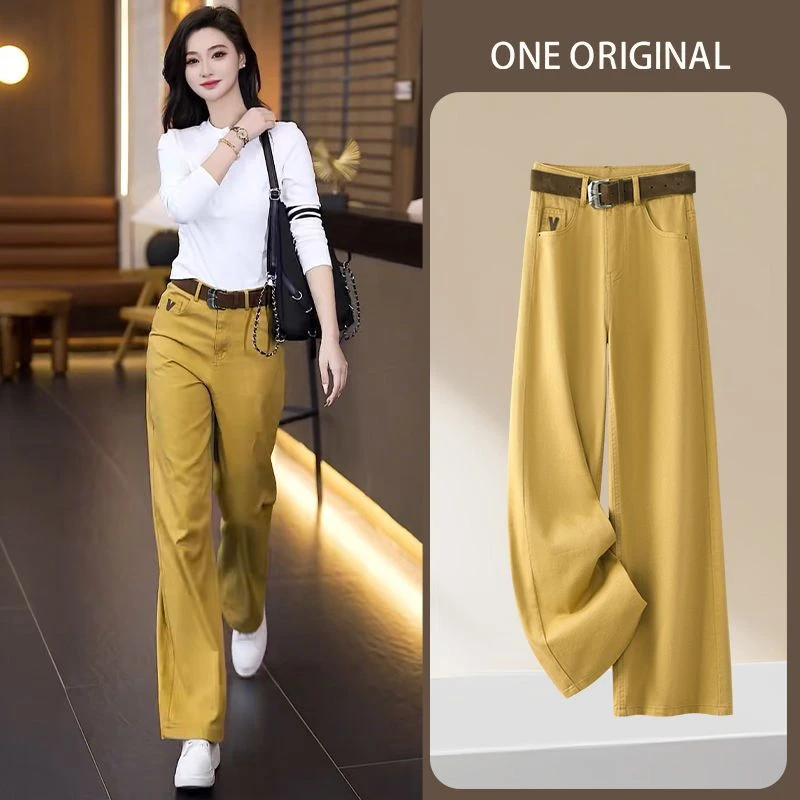 小个子窄版阔腿牛仔裤女春秋季2025新款宽松姜黄色直筒显瘦牡丹裤