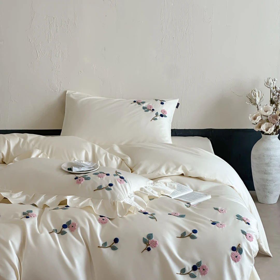 ins小清新100S全棉亲肤四件套毛巾刺绣纯棉新款被套贡缎床上用品