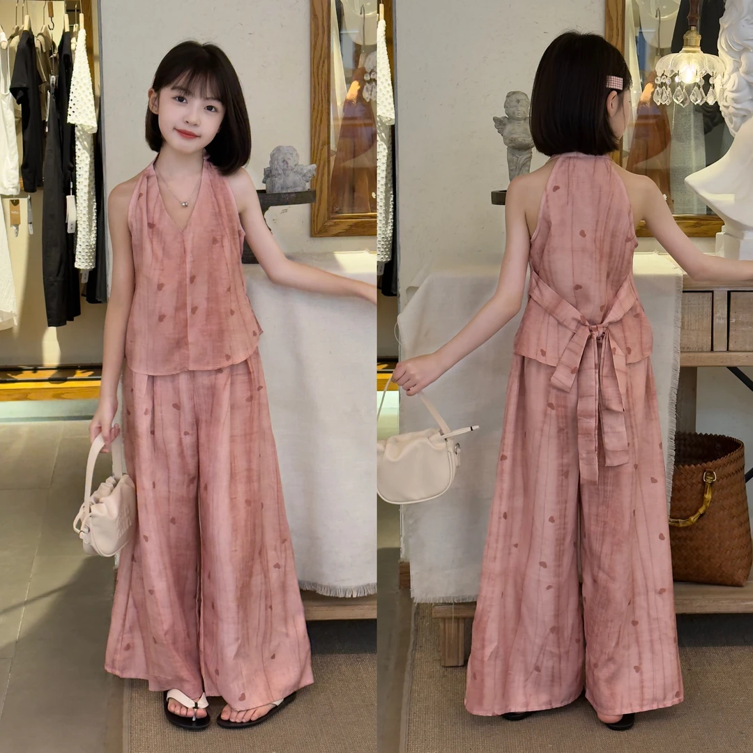 甜美风粉色挂脖上衣裙裤套装2025女童夏季新款茶歇刺绣V领T恤长裤