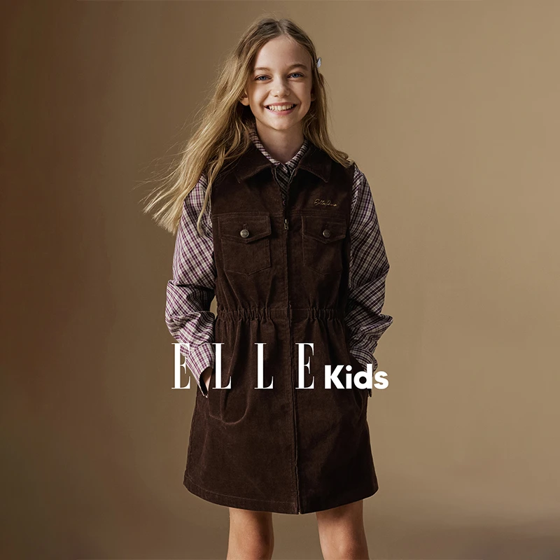 ELLE KIDS 复古无袖背心裙女童秋季新款翻领绣花拉链时髦裙子Q5