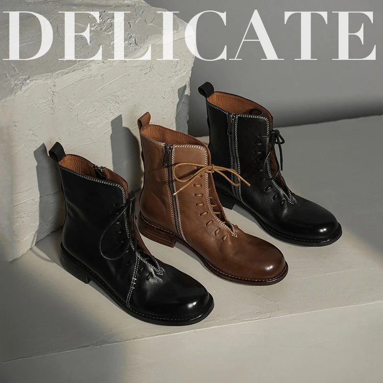 马丁靴2025年秋季中性粗跟交叉绑带纯色马丁靴马丁靴短筒