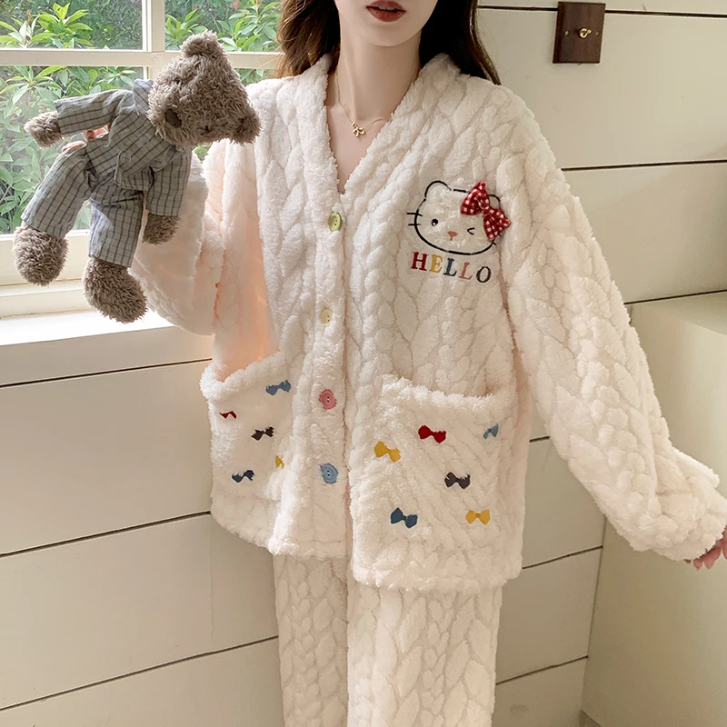 少女加绒加厚睡衣女款秋冬季珊瑚绒长袖长裤Hellokitty家居服套装