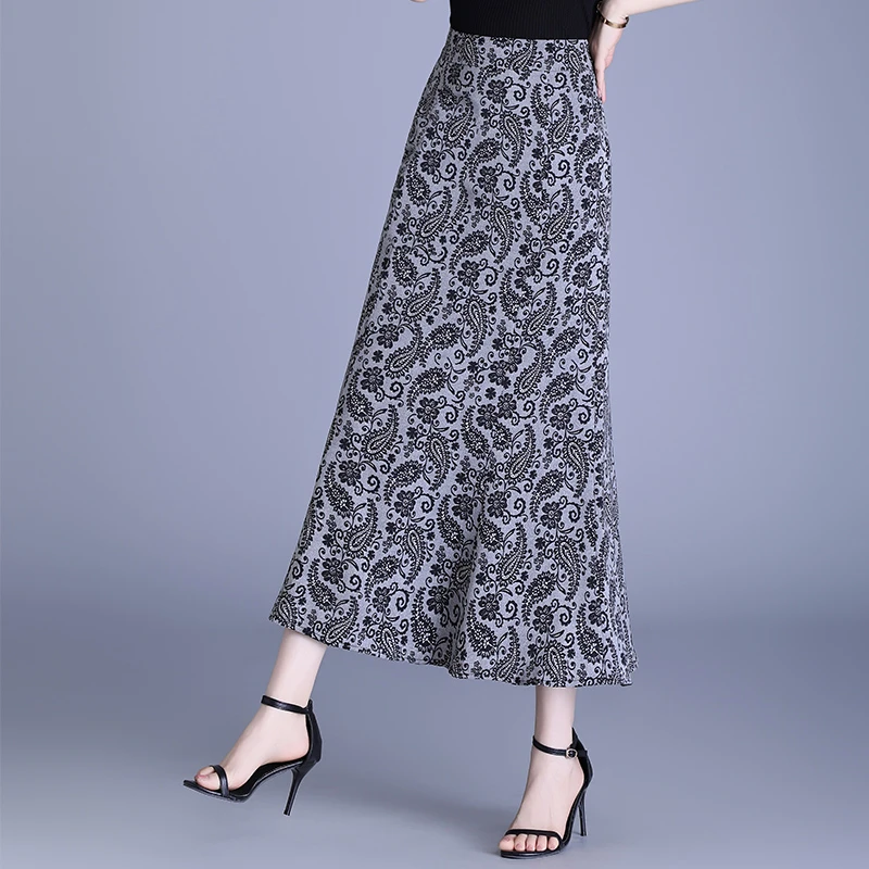 2025夏季新款复古印花灰色高腰中长款女宽松遮胯百搭休闲A字裙子