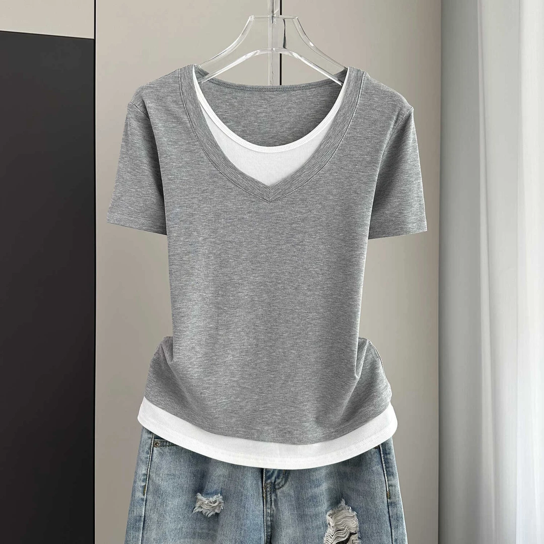 夏季宽松大码假两件短袖T恤女装2025新款螺纹拼接遮肚子显瘦上衣